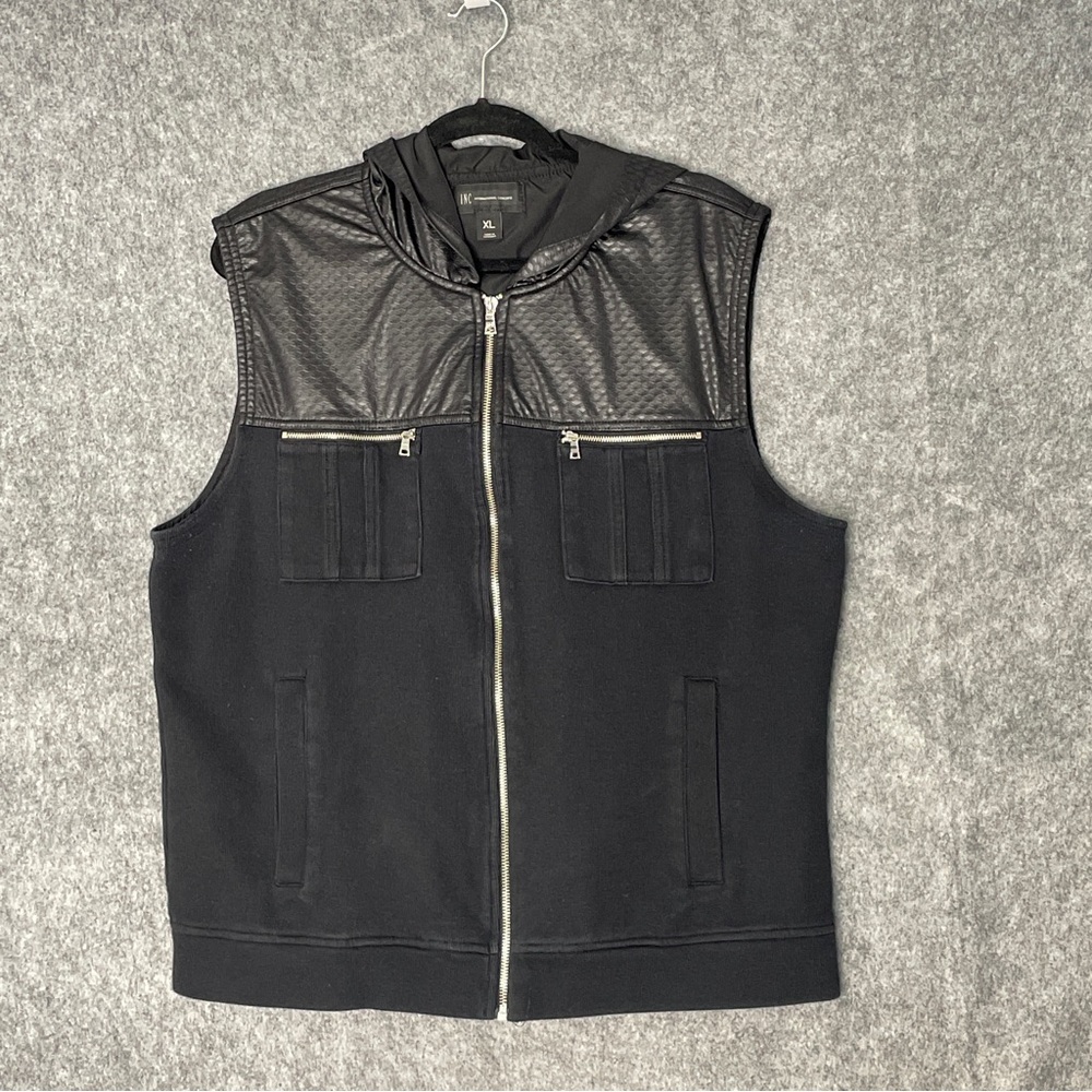 INC International Concepts Black Vest Full Zip Lined Hood Sz XL Casual Outerwear